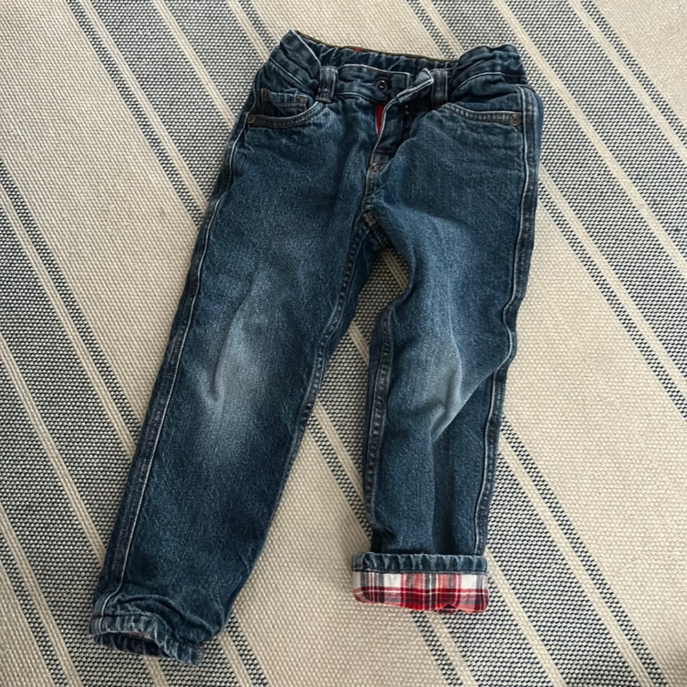 Hanna Andersson Holiday Plaid Lined Jeans, Size 100